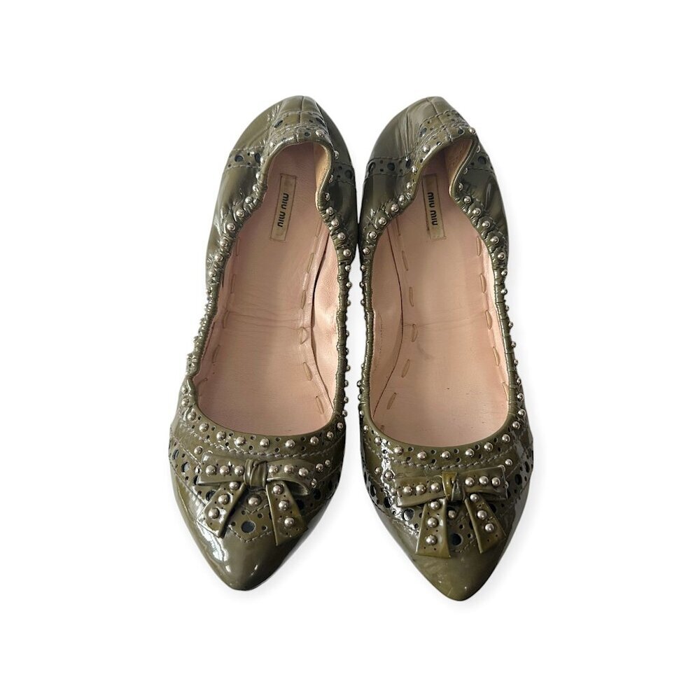 Miu Miu Patent Leather Flats with Studs and perf detail. Size 39 EU